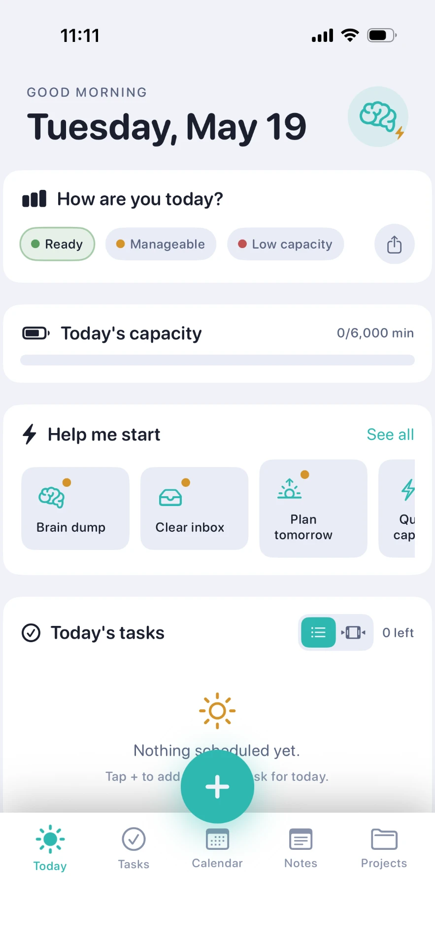 Flint ADHD daily planner Today screen showing an energy check-in and today's capacity